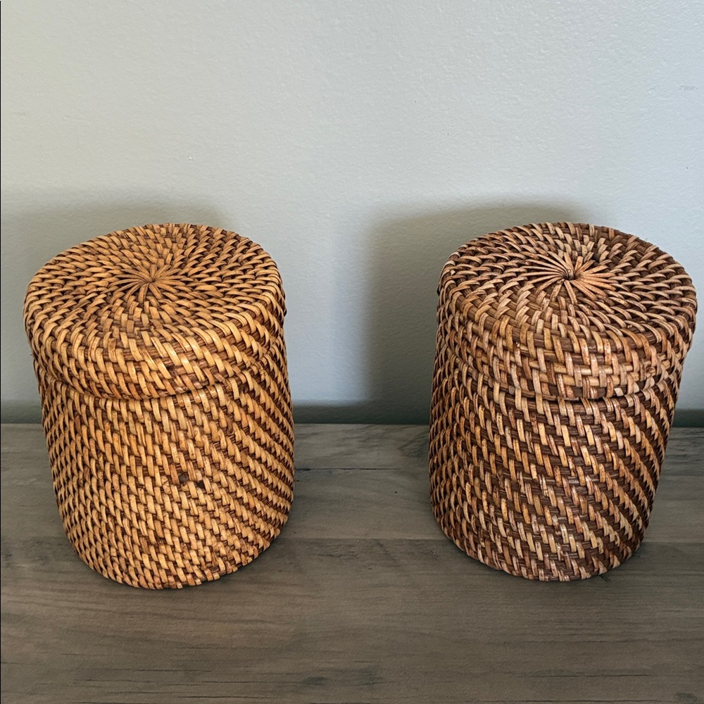 Set of Two Small Rattan Cannisters